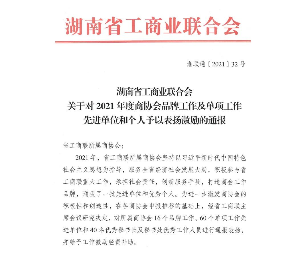 湖南省工商联2021年度协会品牌工作“承担社会责任”和“服务创新”二个单项奖