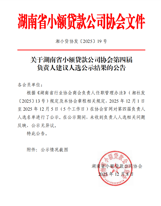 關于湖南省小額貸款公司協會第四屆負責人建議人選公示結果的公告